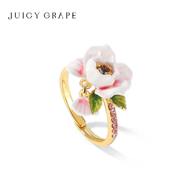 Juicy Grape Pink Rose Hand-Painted Enamel Adjustable Open Ring with Pink Crystal Floral Statement Cocktail Jewelry for Women