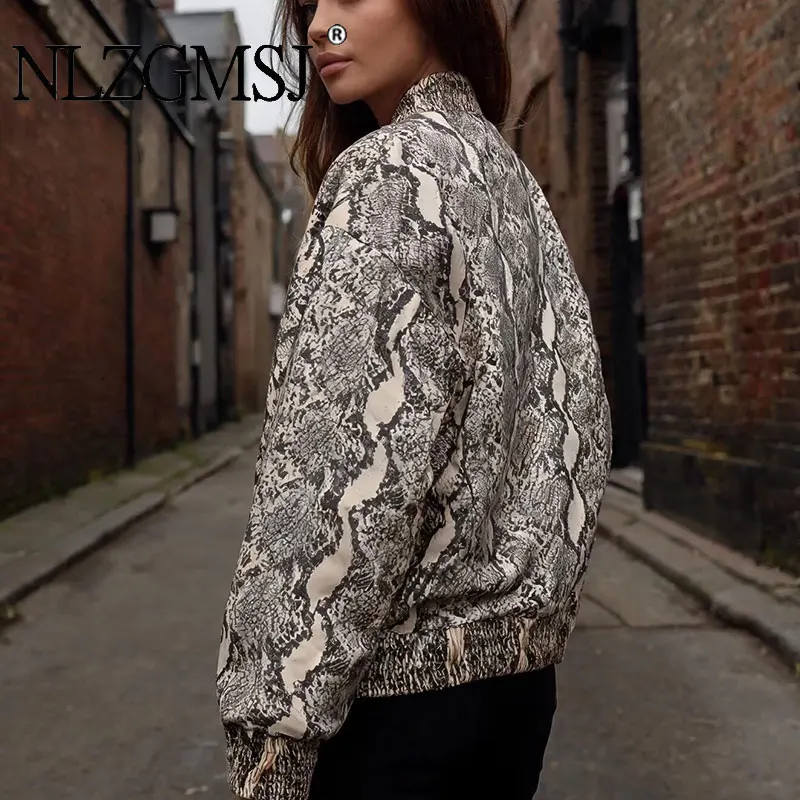 NLZGMSJ Casual Chic Women Serpentine Print Jacket Zipper Pockets Jacket Fashion 2026 Autumn Street Jackets