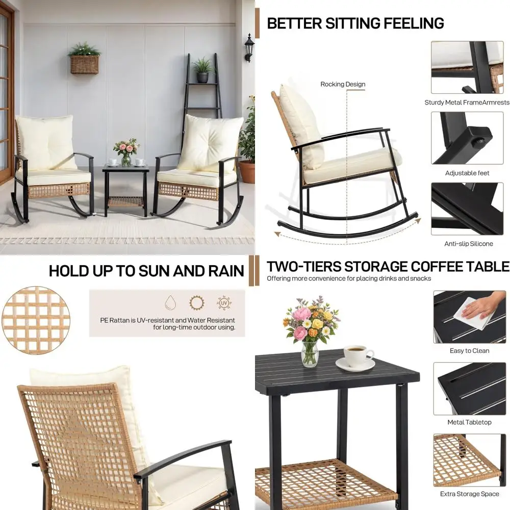 

3-Piece Outdoor Rocking Bistro Set, Patio Furniture Set w/Soft Thick Cushions & 2-Tier Coffee Table, Rattan Conversation Wicker