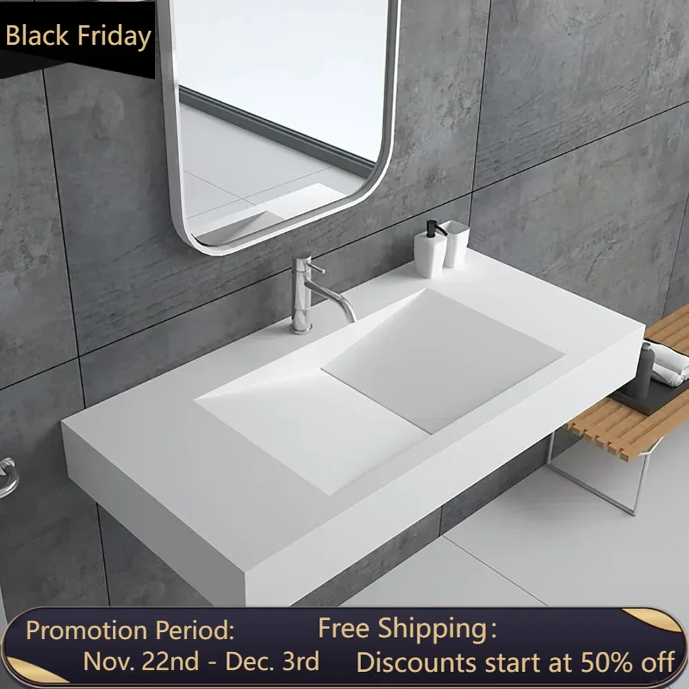 35'' Vessel Sink Wall-Mount Bathroom Sink V-Shaped Floating Sink Stone Resin in Matte White