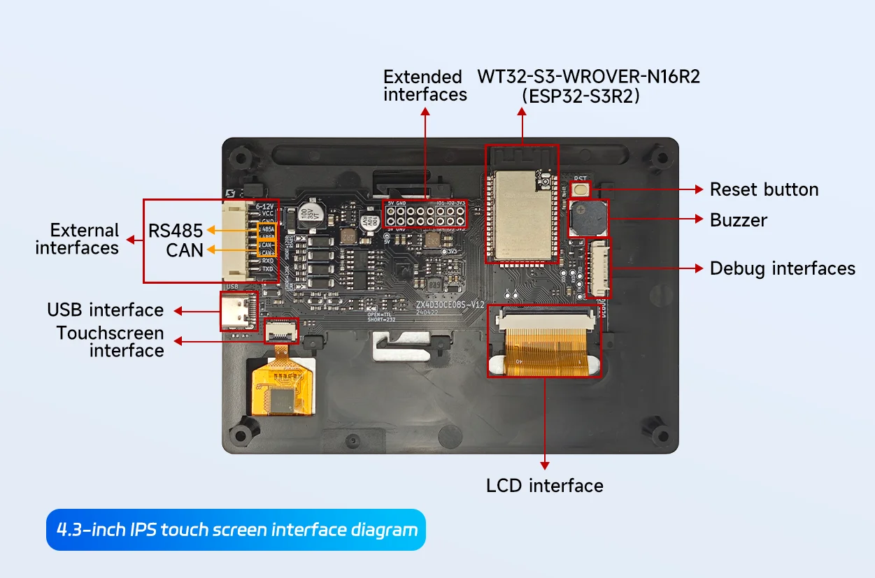 Pantalla WT32S3-43H esp32, pantalla táctil lcd de 4,3 pulgadas, pantalla esp32s3, módulo esp32 s3 con tablero de desarrollo esp32