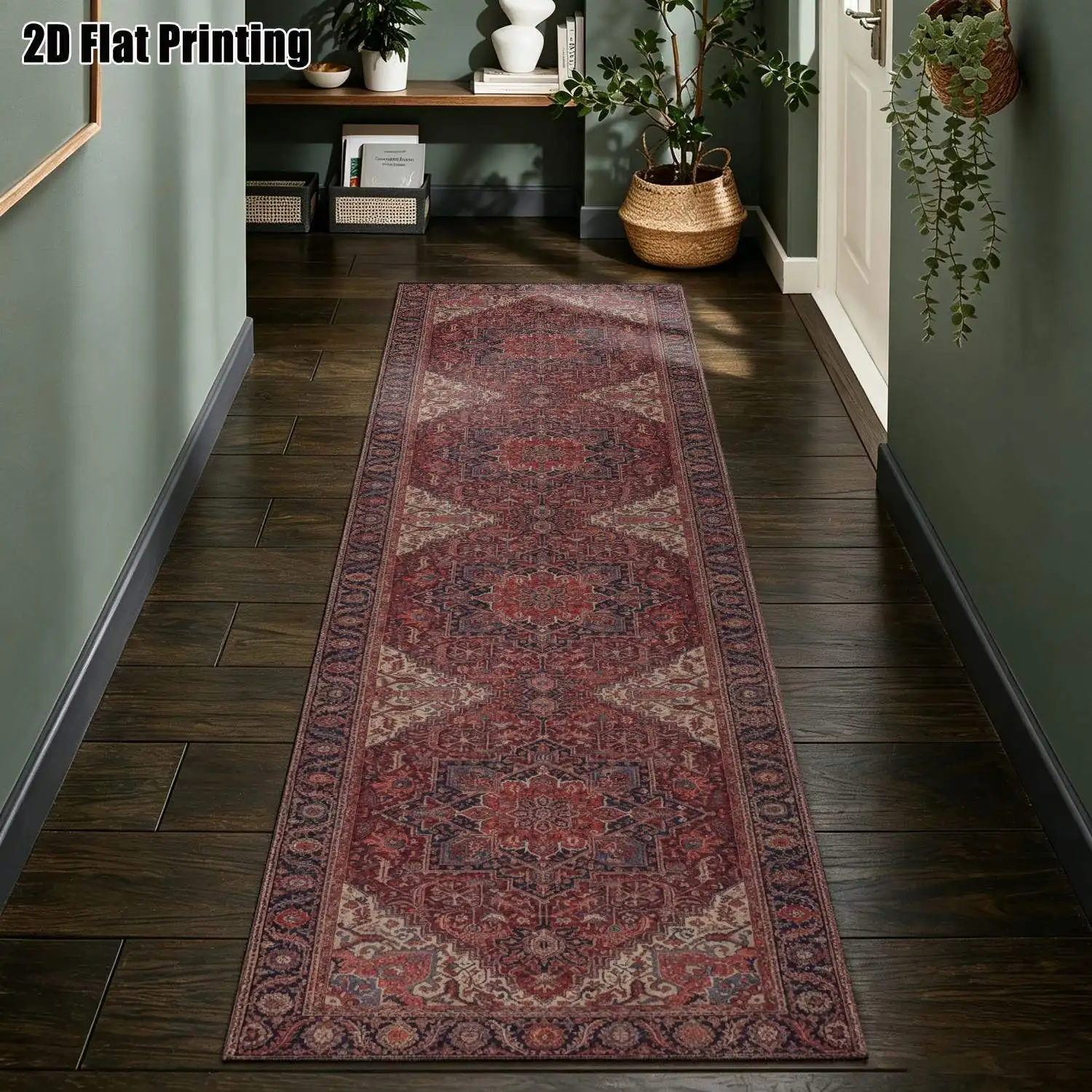 1Pc 2D Printed Long Strip Runner Rug: Red-Brown Geometric Symmetrical Pattern, Vintage/European/Bohemian Style, Machine Washable, Multi-Size, Ideal for Entrance, Corridor, Living Room & Bedroom Home Decor
