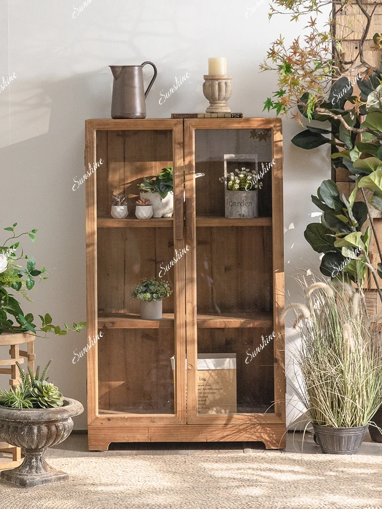 

American retro half-wall solid wood with glass door small wine cabinet against the wall living room display cabinet