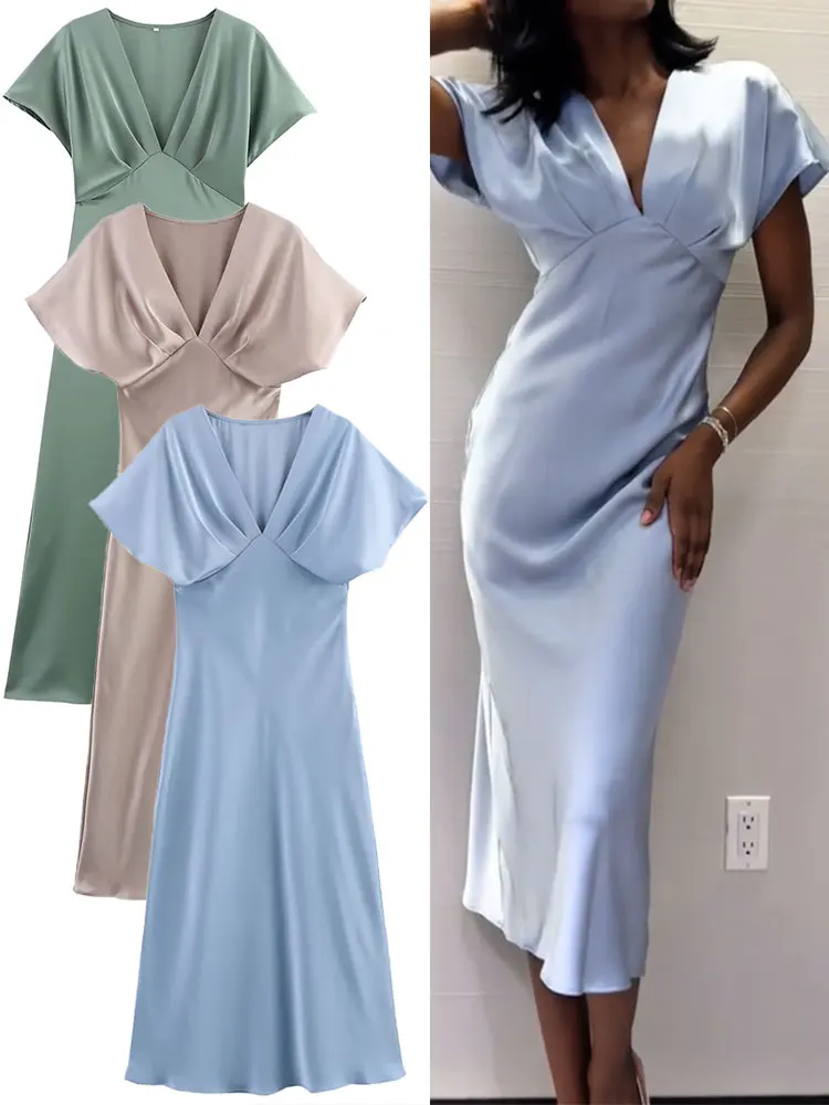 캐주얼 여성용 솔리드 드레스 실크 질감 브이넥 반팔 루즈핏 미디 드레스 2025 여름 시크 엘레강스 여성 새틴 드레스