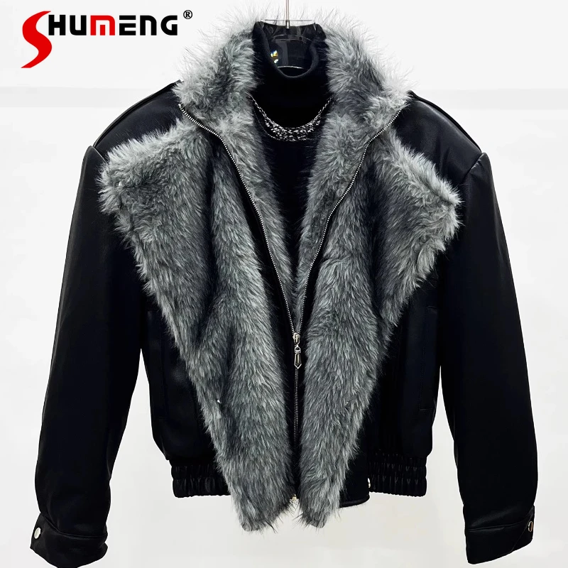 

2025 Men's Winter New Thickened High-end Faux Fur Collar Leather Jackets Men's Faux Two-piece Parkas Warm Trendy Outerwear Coats
