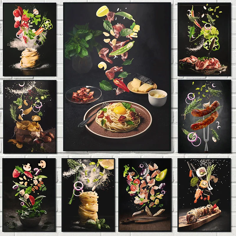 Kitchen Flying Yummy Food Salad,Meat,Pasta Noodles,Hamburger,Sushi Canvas Poster Wall Art Pictures Restaurant Home Decor