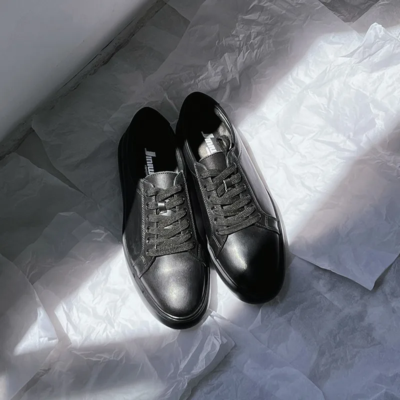 JINIWU 2026 Autumn Winter Men Lace-up Black Shoes Top Grain Leather Handmade Thick Sole Elevator Casual Fashion Shoes