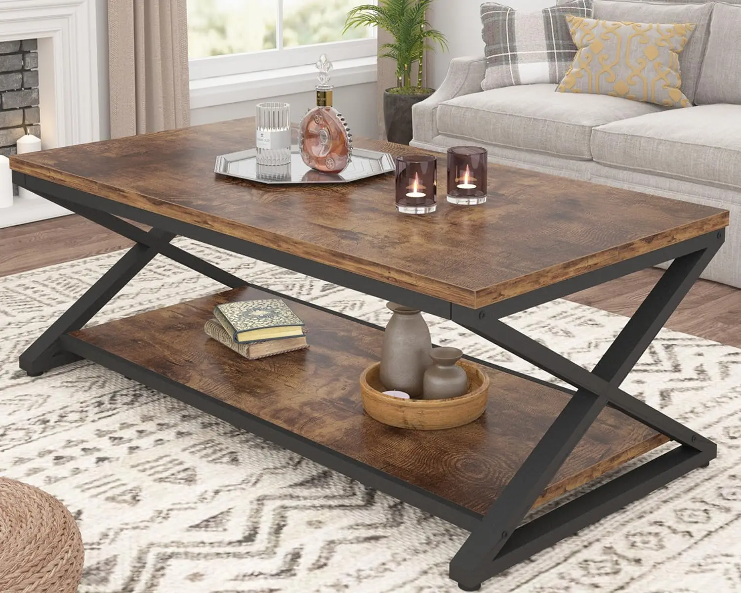 

47InchRustic Coffee Table with Storage Shelf - Industrial Metal Wood 2-Tier Cocktail Table