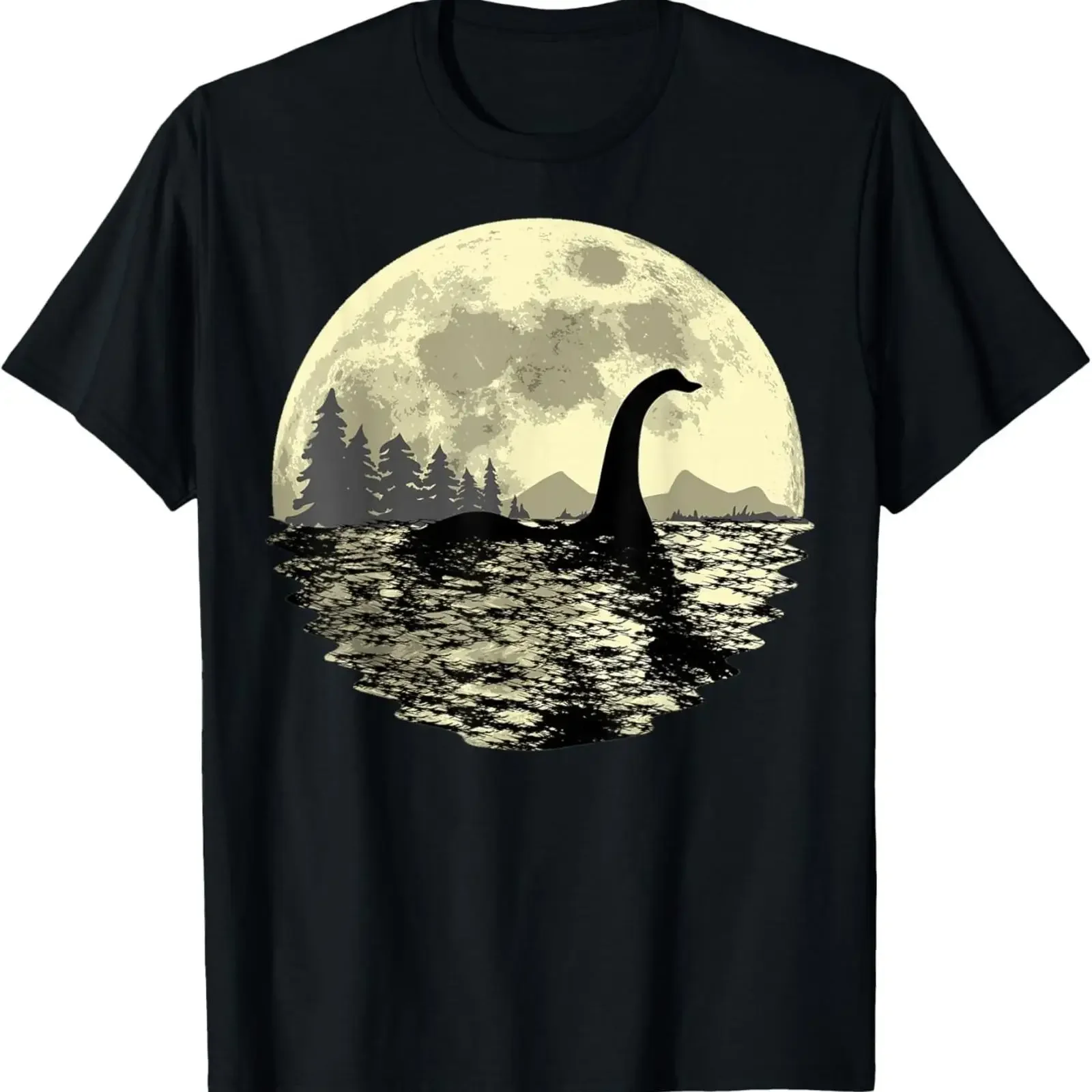 Loch Ness Monster Moonlight Lake Swim T Shirt vintage Washed Casual Breathable streetwear Top For Everyday Wear Slightly