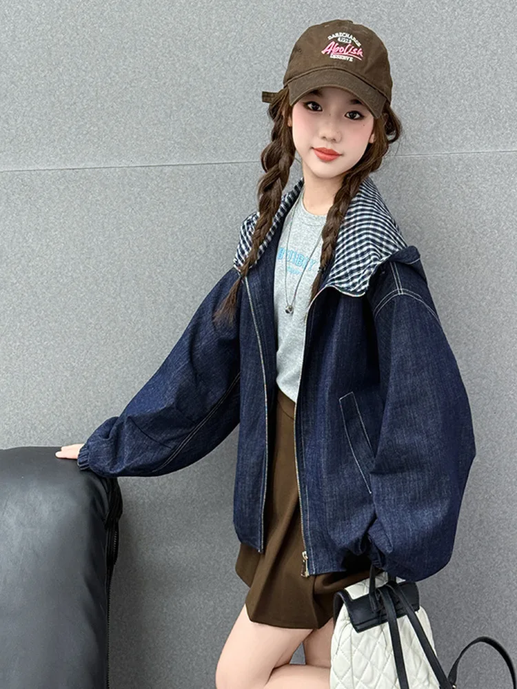 Trendy Plaid Hooded Denim Jacket for Junior Girls Autumn Wear Casual Loose Fit Long Sleeve Zipper Closure Chinese Brand