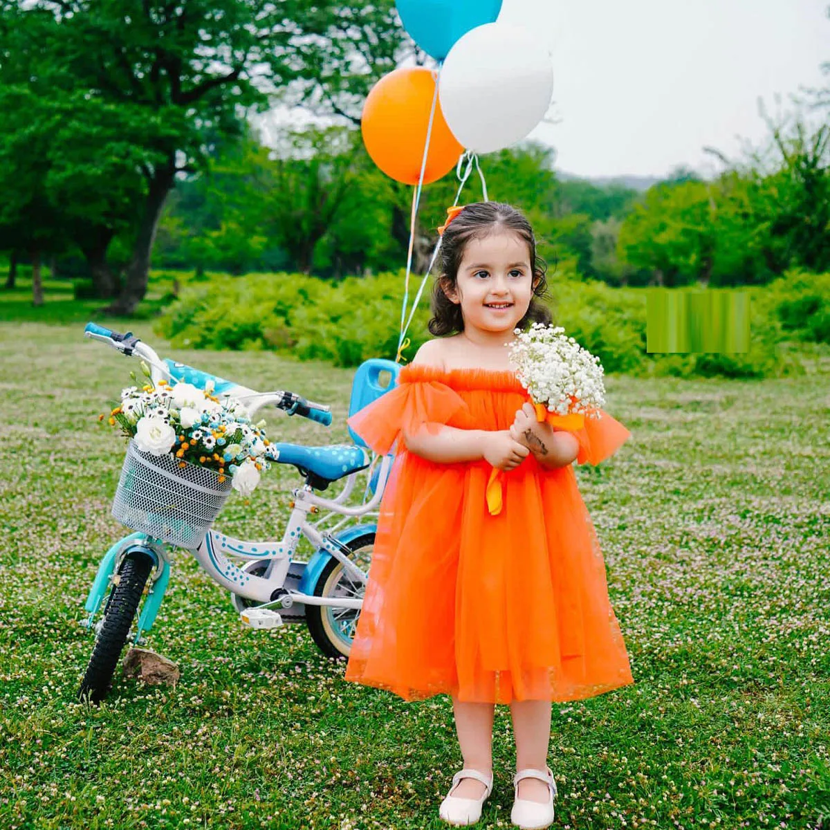 Orange Cute  Flower Girl Dress  Off The Shoulder SHort Sleeves Tea length Girls Birthday Party Dress For Photo Shoots