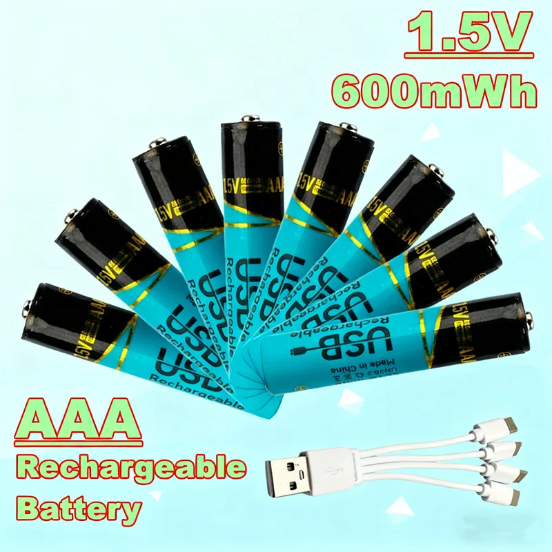 1.5V 660mWh AAA Li-ion Rechargeable Battery with Type-C 4-in-1 Charging Cable Fast Charging for Remote Control Mouse Electric