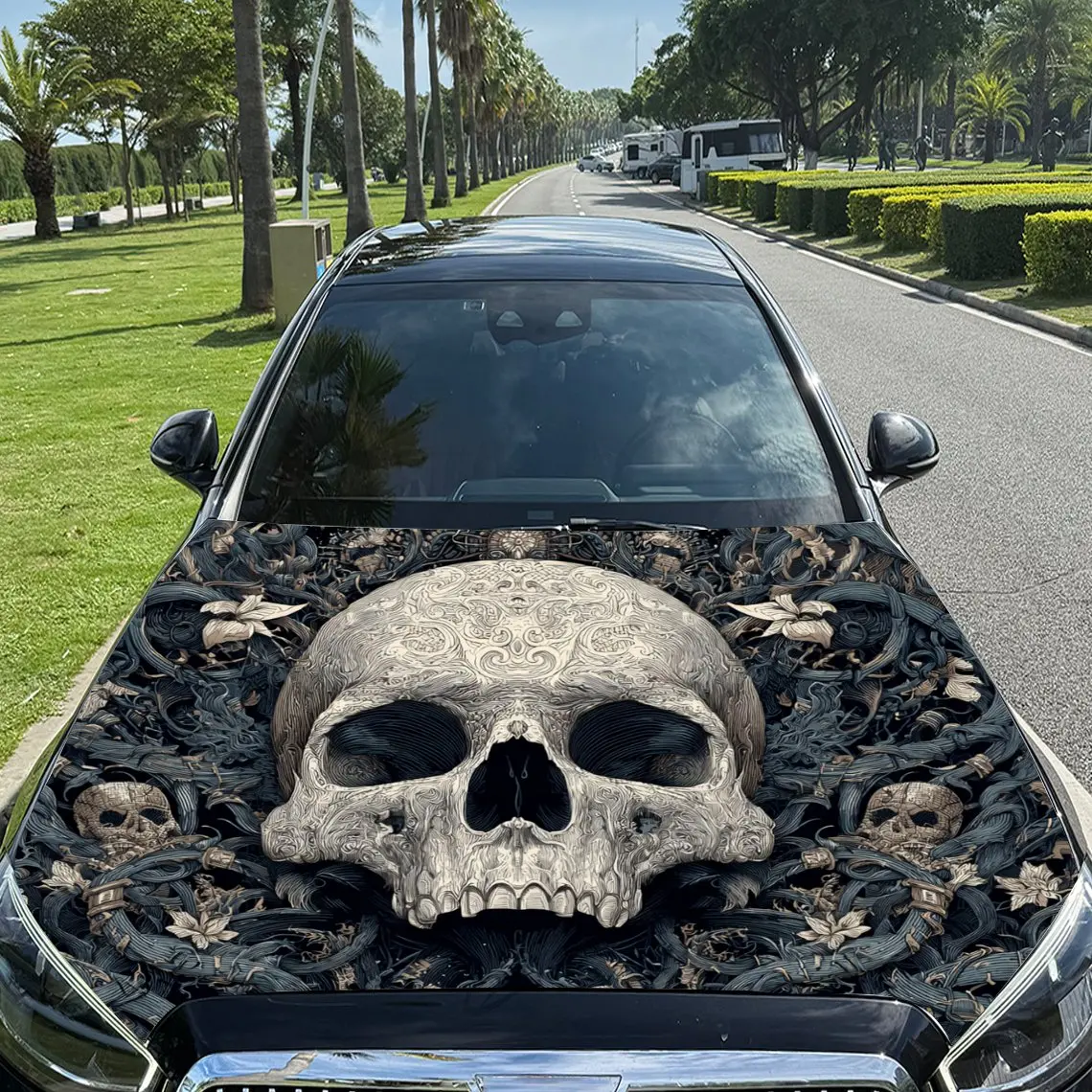 

Vintage - Style Artistic Skull Car Vinyl Wrap, PVC Material Waterproof Car Hood Sticker, Self-Adhesive Scratch-Resistant Sticker