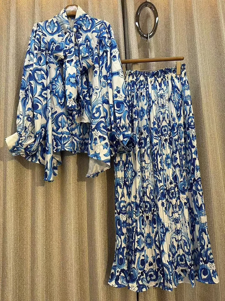 

2025 Autumn Women's Retro Multi Color Geometric Printed Bow Collar Loose Shirt Two Piece Set+Fluffy Wide Leg Pants Fashion Set