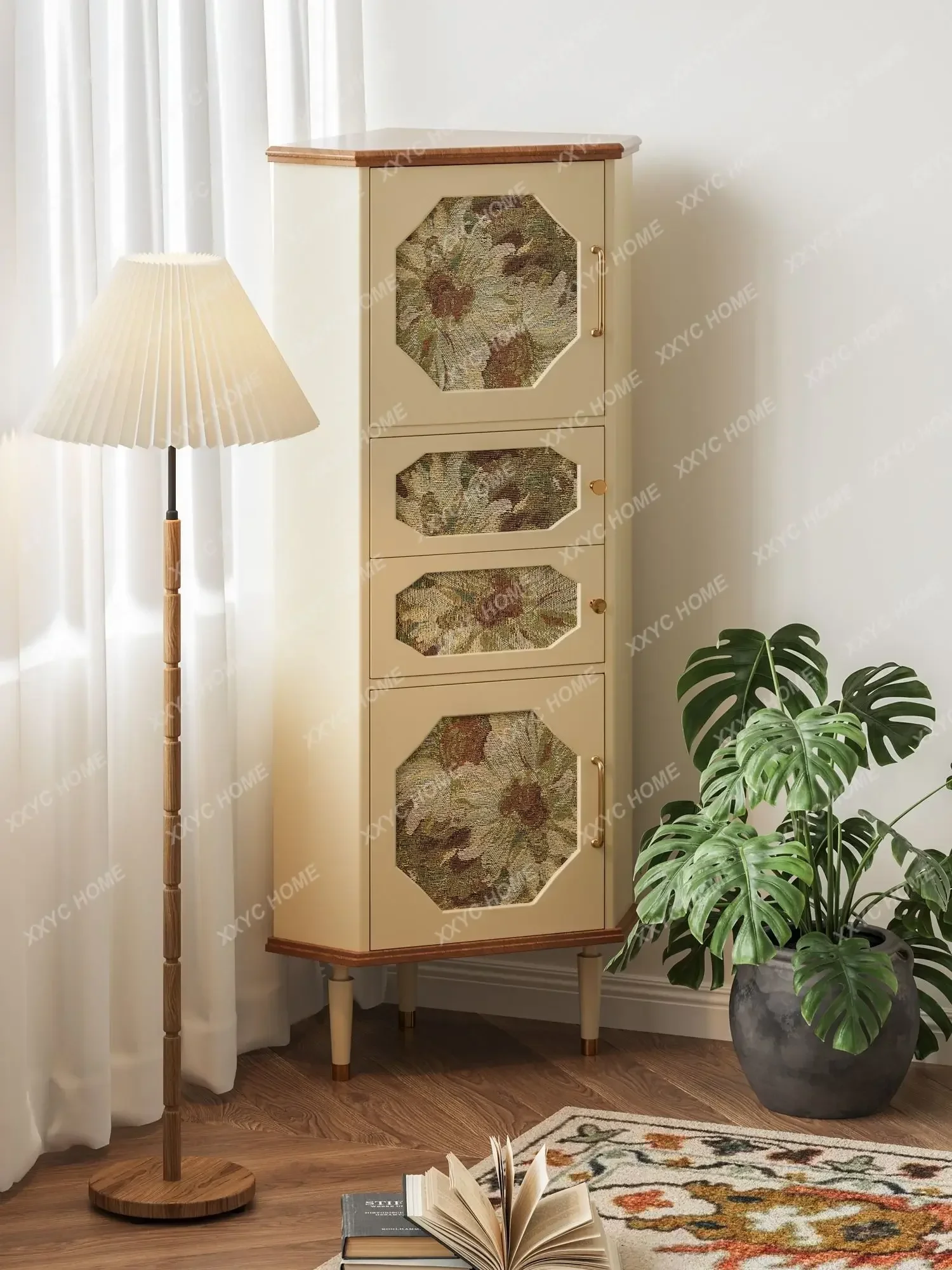 French Retro Solid Wood Corner Cabinet Living Room Bedroom Triangle Cabinet Corner Shelf Floor Standing Storage Cabinet