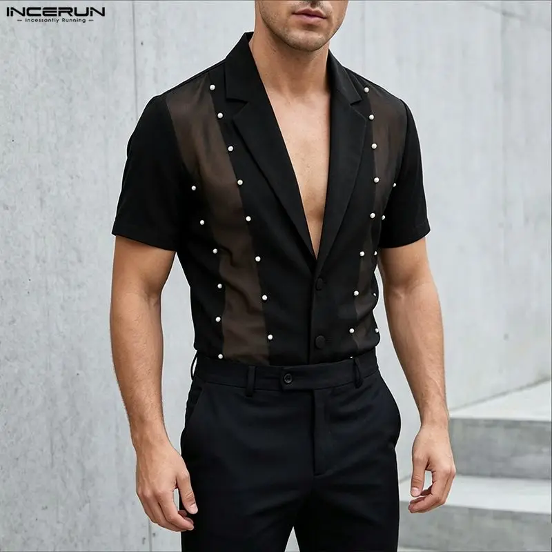 INCERUN Herrenhemd, Netz-Patchwork, Revers, kurze Ärmel, Herrenbekleidung, Streetwear, durchsichtig, Party-Mode, Tops für Herren, Camisa