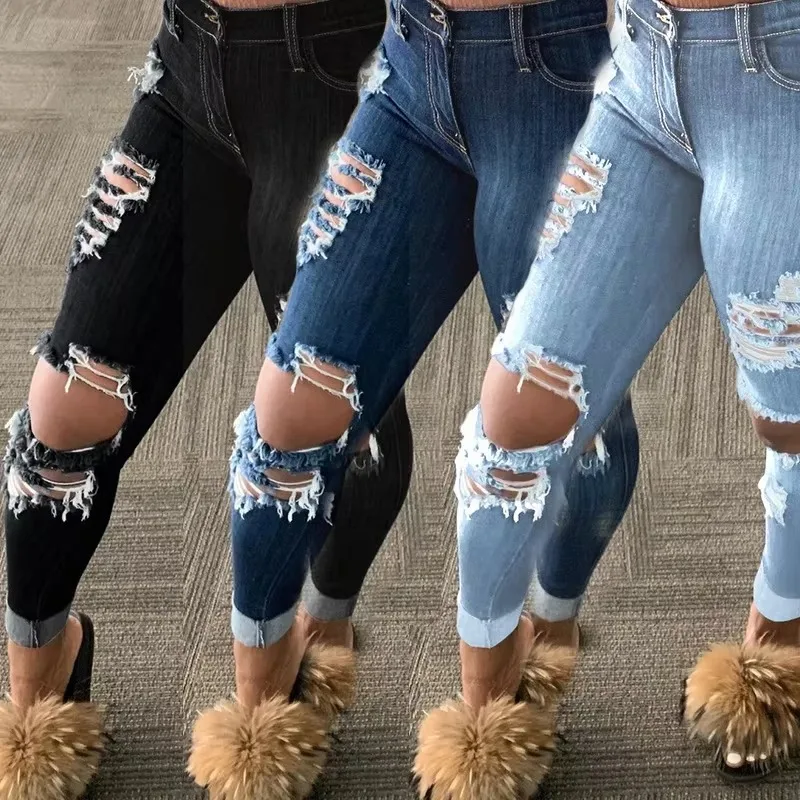 

Indie Style Korean Fashion Jeans Women Midi-waist Solid Color Ripped Hole Tassel Stretch Denim Pencil Long Trousers Casual Pants