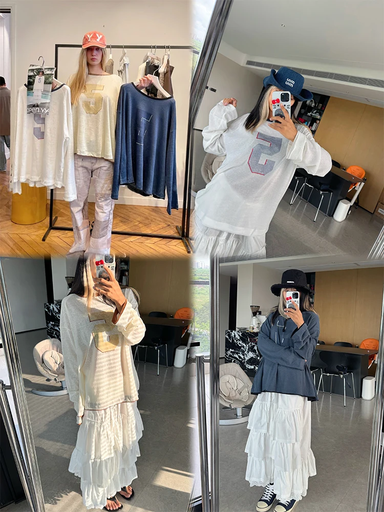 

Lazy Summer Wide Sve Tee Semi-Transparent Paper Figure 5 Digit Printed Casual Loose Fit Women's T-irt Cotton Linen Blend