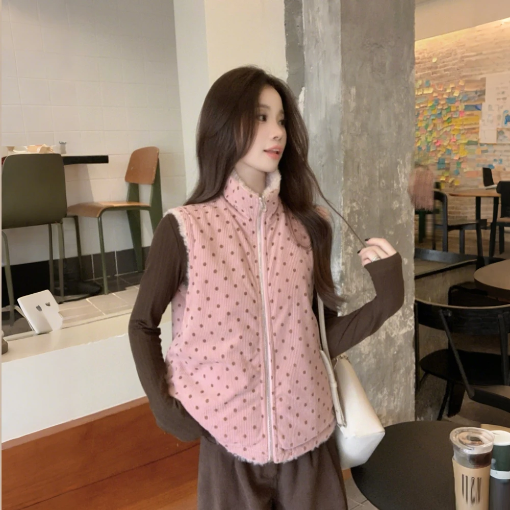 

Розовый жилет из меха ягненка в горошек, женский осенне-зимний двусторонний шерстяной свитер на молнии с воротником-стойкой