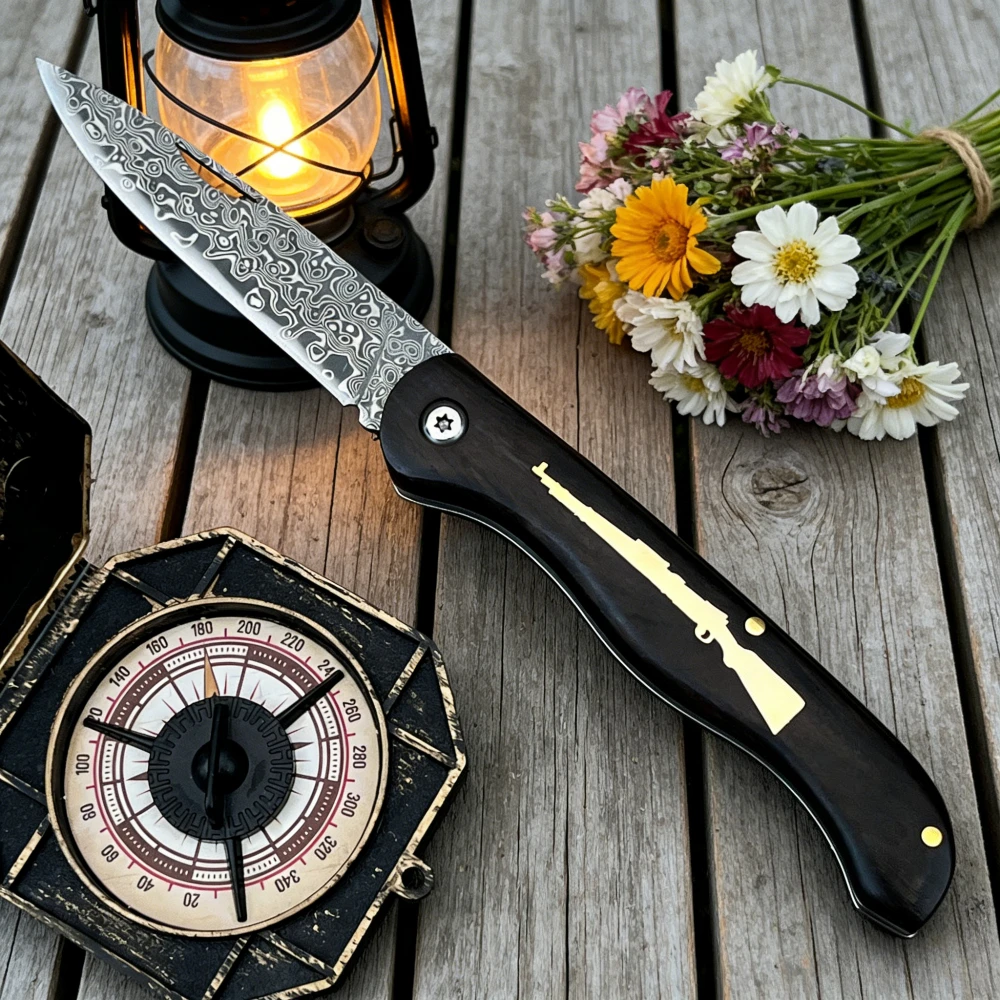 

Portable High Hardness 98K Damascus Steel Blade Ebony Handle Hand Forged EDC Knife Lightweight Fishing Folding Knife Multi-tools