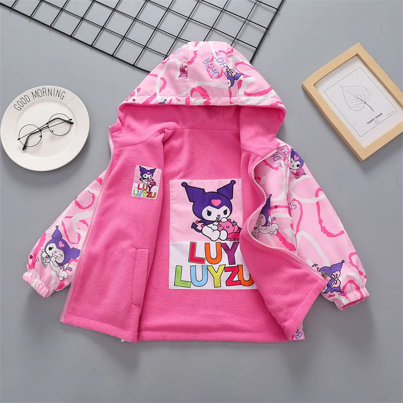 

Фиолетовые детские куртки с принтом Куроми для девочек, весенне-осенние пальто, новая двусторонняя розовая одежда для девочек, женская куртка