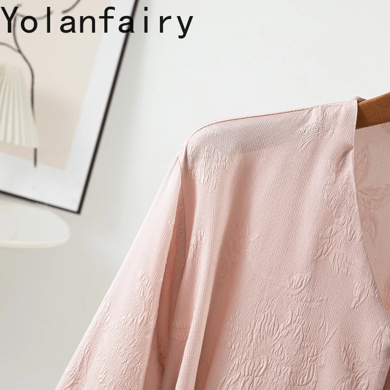 YOLANFAIRY 새로운 93% 뽕나무 실크 셔츠 여성 여름 탑 2025 우아한 자카드 긴 소매 셔츠 여성 v 넥 핑크 셔츠 Damen