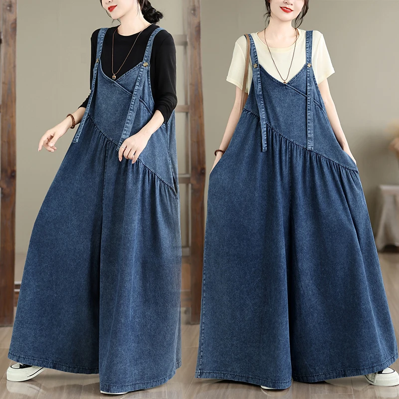plus Size Denim Overalls Long Loose Fitting Retro Style City Outdoor Cotton Polyester Blend High Waist Wide Leg Pants