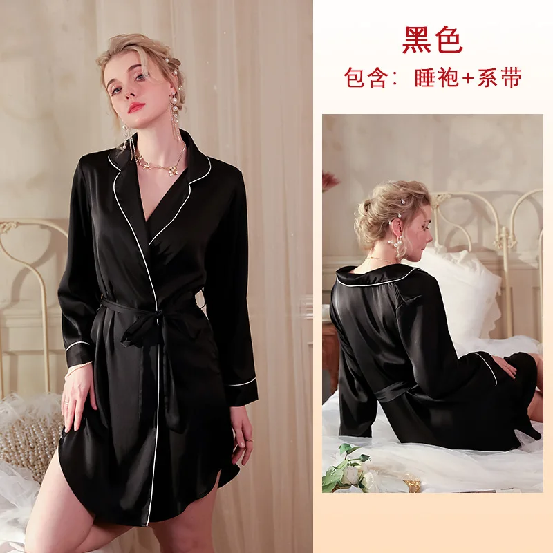 Feminine Flair Simulation Silk Morning Gown Sleepwear Open-Cardigan Hotel Robe Bathrobe Home Wear