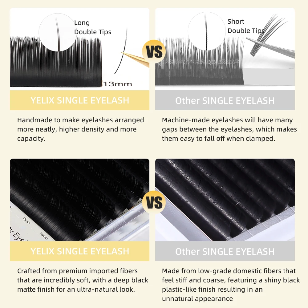 Yelix New 12 Rows Flat Ellipse Eyelashes Extensions 0.15 Matte Black Split Tips False Eyelashes Natural Soft Lashes Makeup Tools