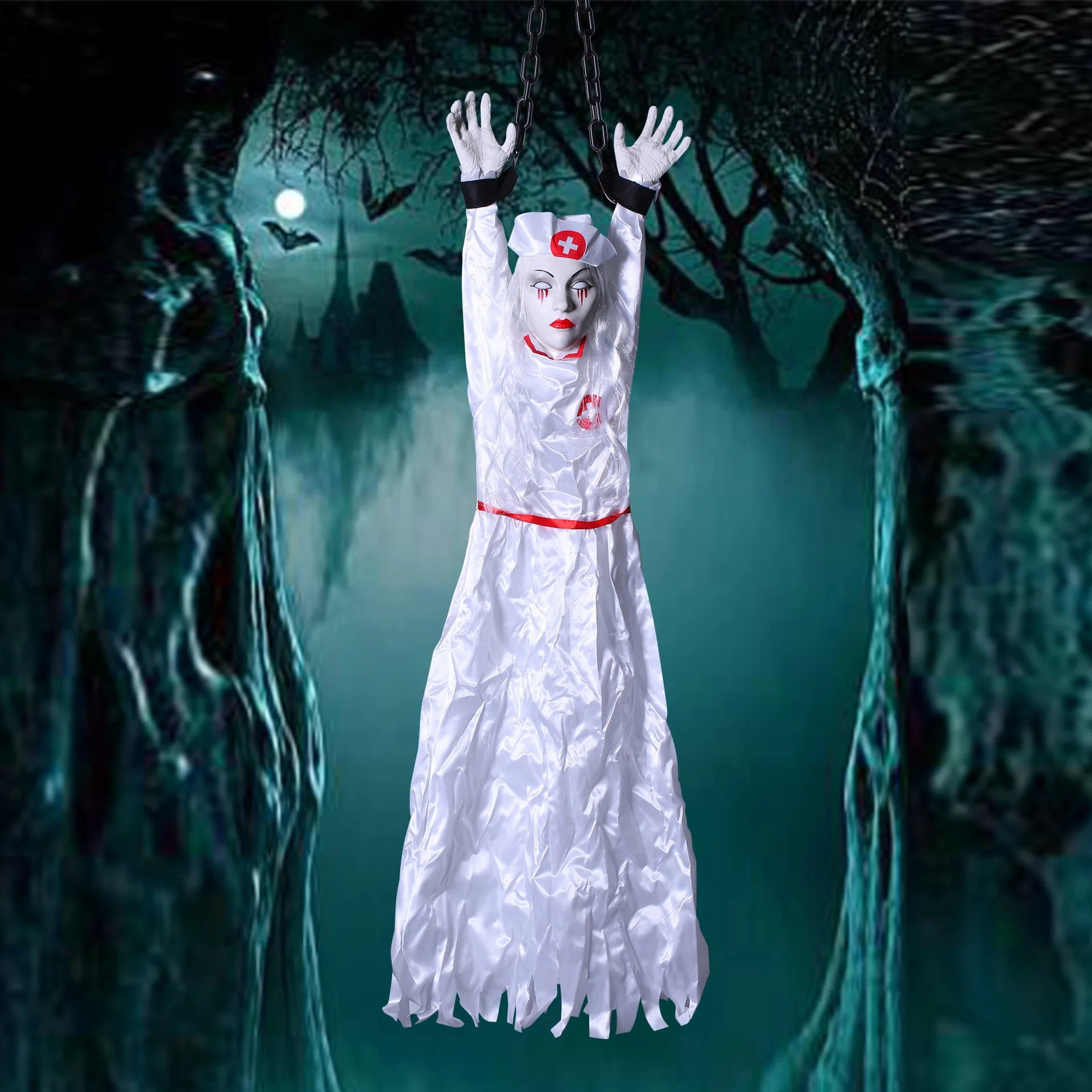 

Spot Halloween female ghost electric luminous sound nurse hanging ghost cosplay haunted house party decoration props