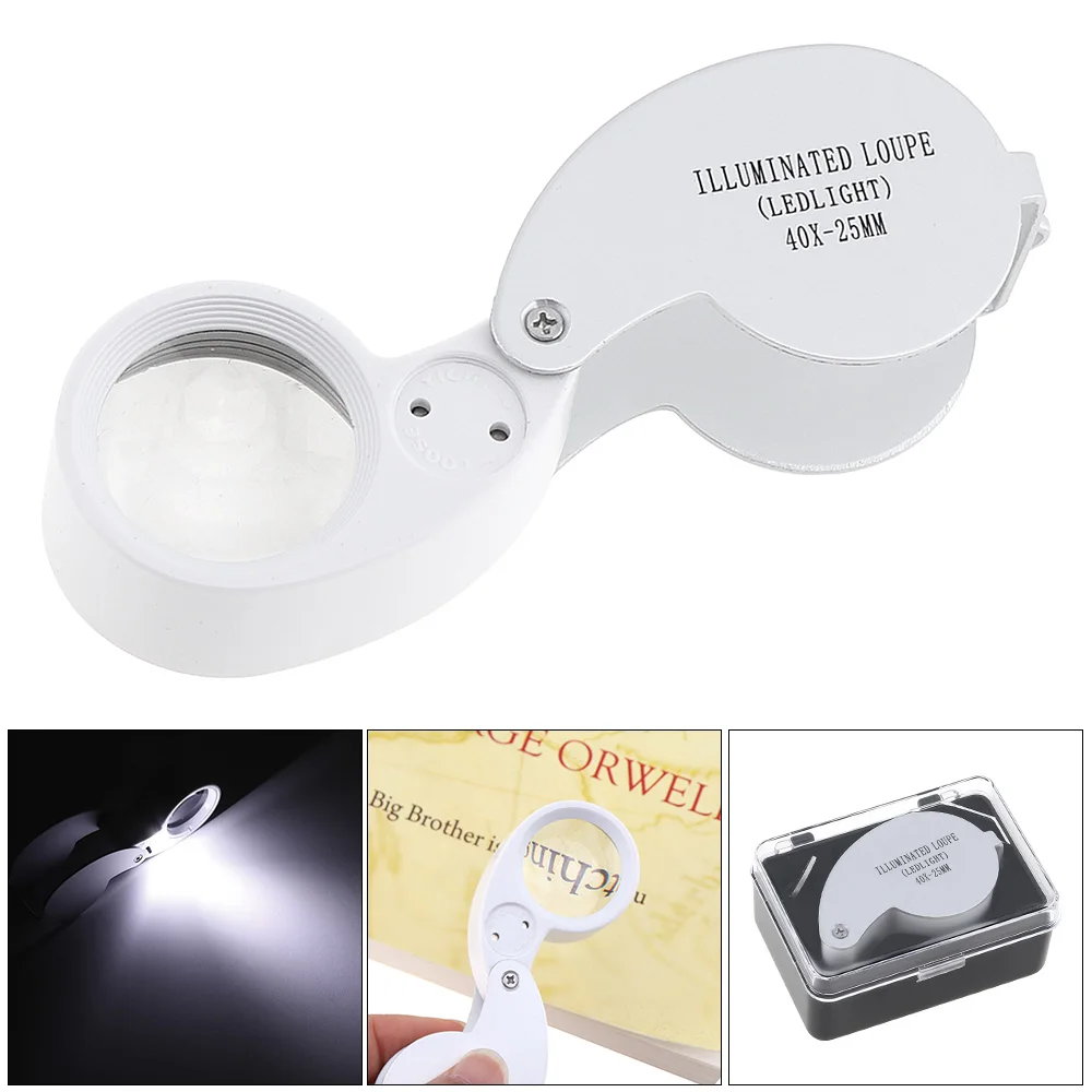 40X 25mm Magnifing Glass ABS + Aluminum Alloy Portable 6 Word Shape Len Foldable Portable Magnifier with 2 LED Light for Jewelry