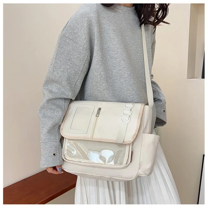 1PCS Minimalist Cute Nylon Messenger Bag Flap Buckle Zipper Inner Pocket Water Bag for Displaying Badge & Dolls on Outings