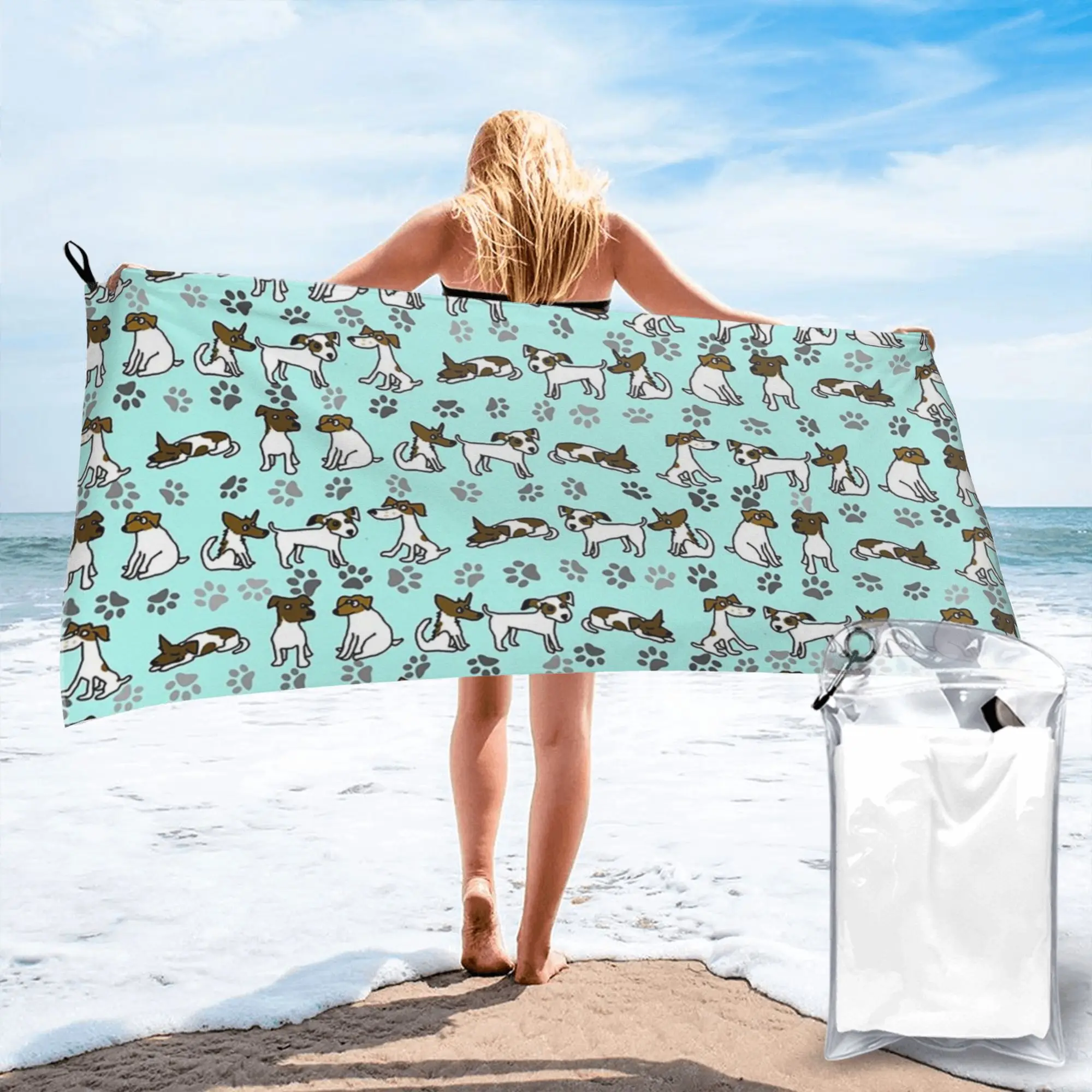 Jack Russell Terrier Cartoon With Light Blue Background Beach Towel Soft Microfiber Quick Dry Absorbent Quick Towels For Pool