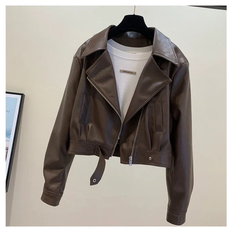 レザージャケット レディース 2025 春新作 気質のあるラペル ショート丈 PUレザー ウインドブレーカー