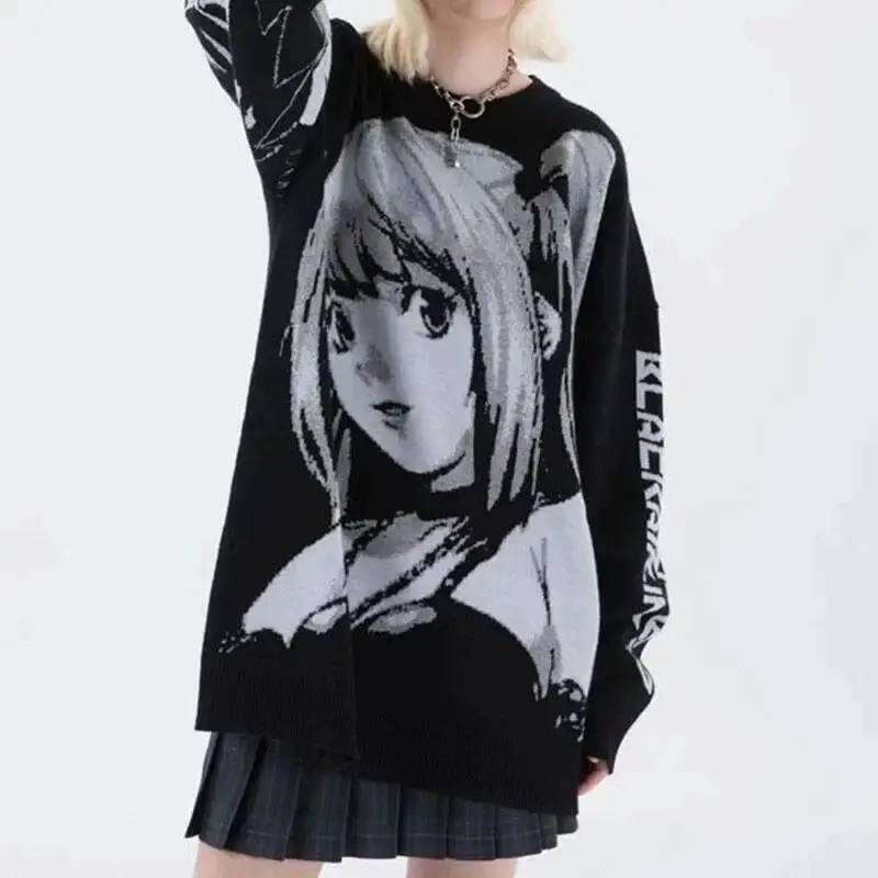 HKSH Spring Autumn Winter New Women's Anime Cartoon Sweater Ins O-Neck Knitted Hip Hop Dark Chic Punk Japanese Pullover HK2450