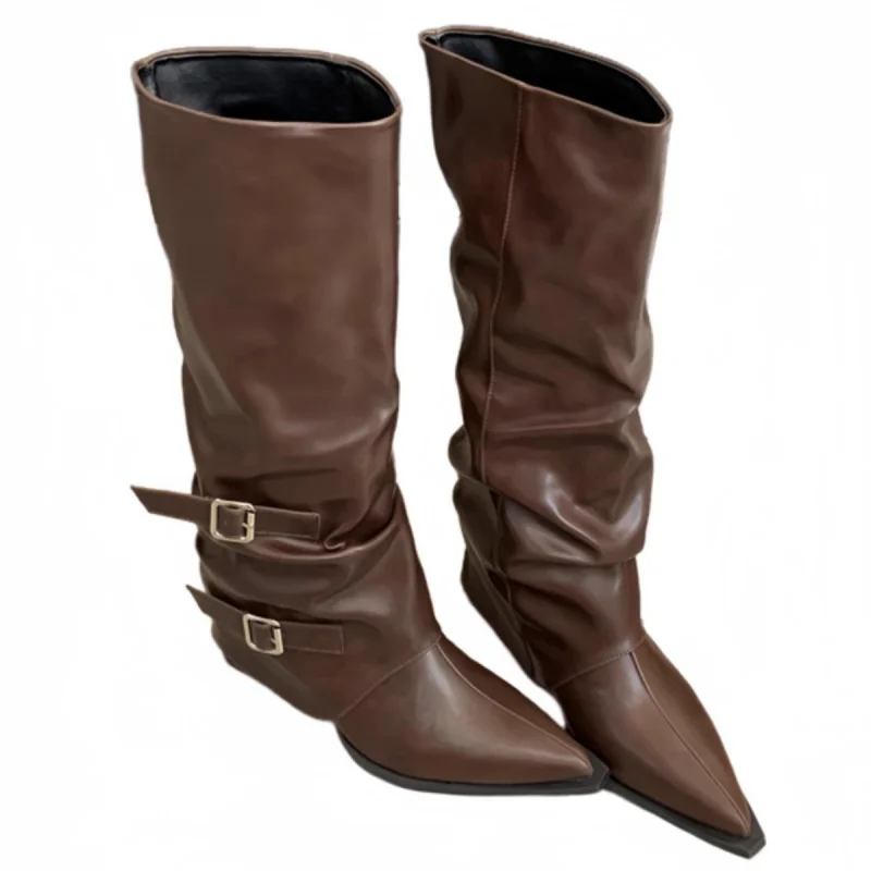 أحذية كومة مطوية بإبزيم مدبب، أحذية فارس على طراز فاسق، أحذية بناتي عصرية ذات كعب متوسط، أحذية عالية الساق