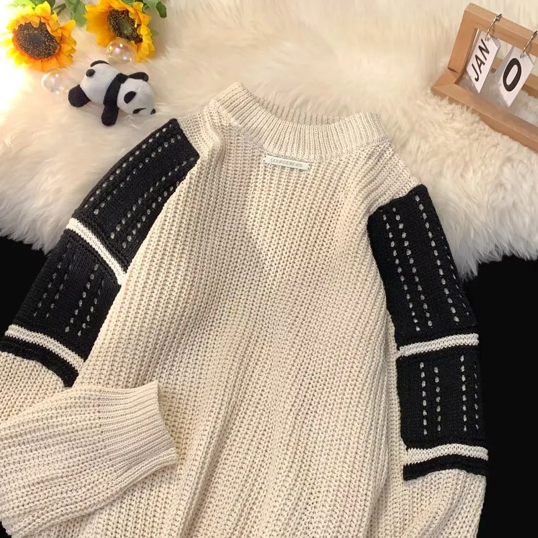 

Большой размер, осенне-зимний мужской вязаный свитер, круглый, со вставкой на плечах, свободный крой, модный повседневный, из полиэфирного волокна