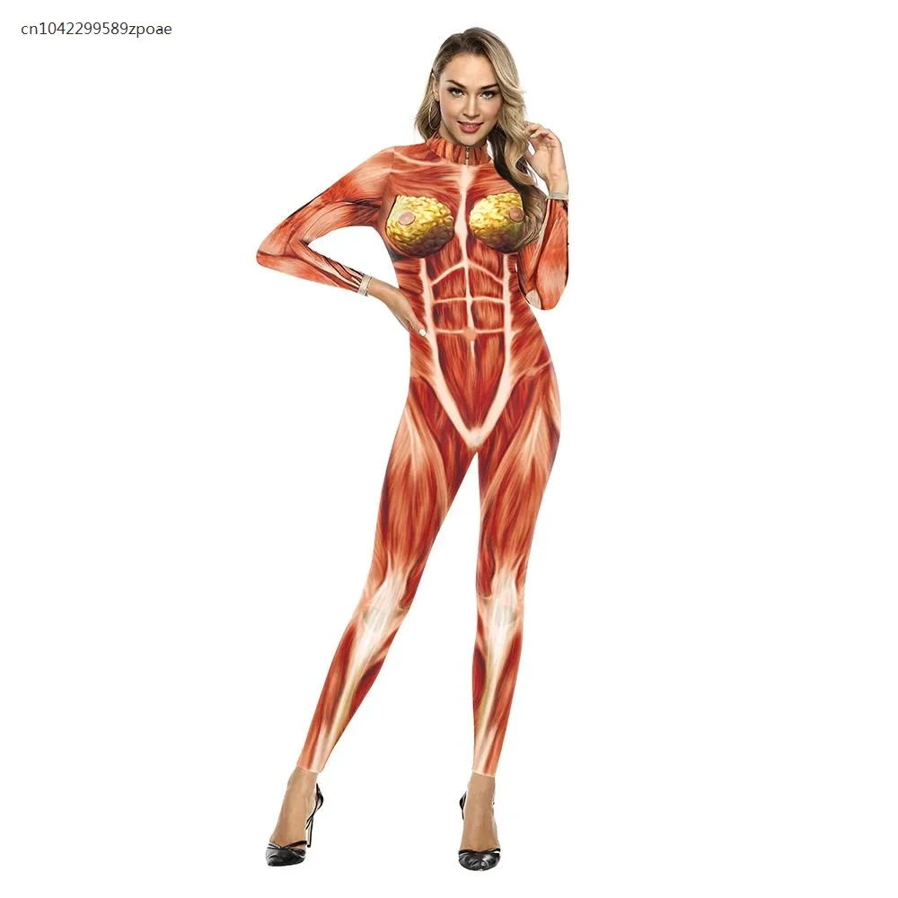 

Purim Carnival Bodysuit 3D Printing Long Sleeve Women's Costume Fashion Sexy Tight Stretch Bodysuit Muscle Role Play Outfit 2025