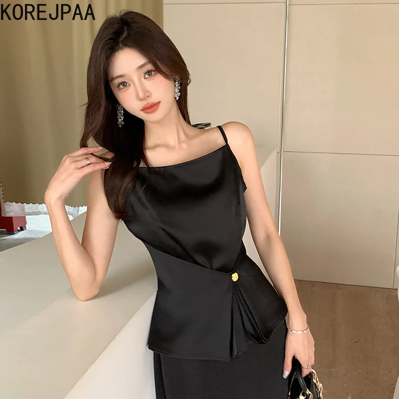 Korejpaa Korean Fashion Camis Women Clothing French Style Slim Waist Black Tank Top Slimming Versatile Sleeveless Ropa Mujer