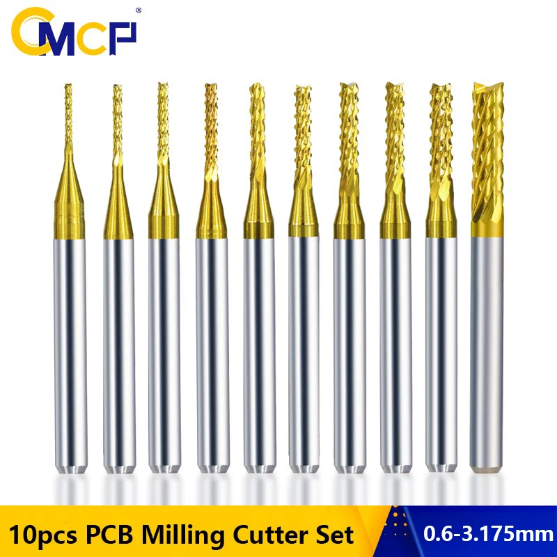 CMCP Corn End Mill 10pcs 0.6-3.175mm Carbide PCB Milling Cutter Set TiN Coated 3.175mm Shank PCB Machine Cutting Milling Tools