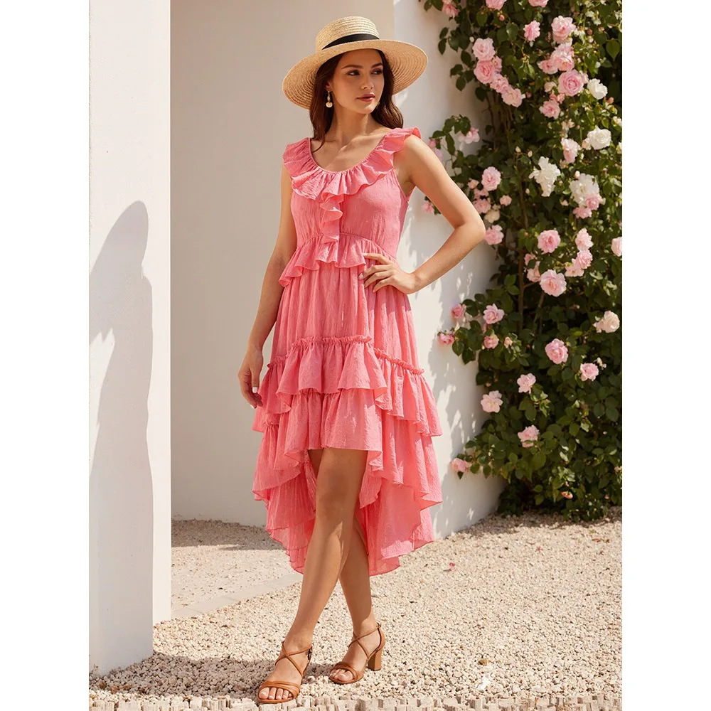 Vestido casual solto de chiffon com babados em camadas, sem mangas, vestidos midi altos e baixos para reunião de família, amigos, festas e passeios diários