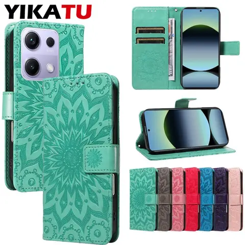 Étui portefeuille en cuir pour Xiaomi Redmi Note 14S 13R 12R 12T 14 13 12 Pro Plus 5G Tubro Speed 4G, fente pour carte à rabat, tournesol