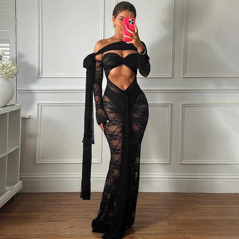 

INS Summer New Perspective Mesh Long Skirt Sexy Chest Hugging Long Sleeved Lace Dress New Fashionable Women's Party Club Dress