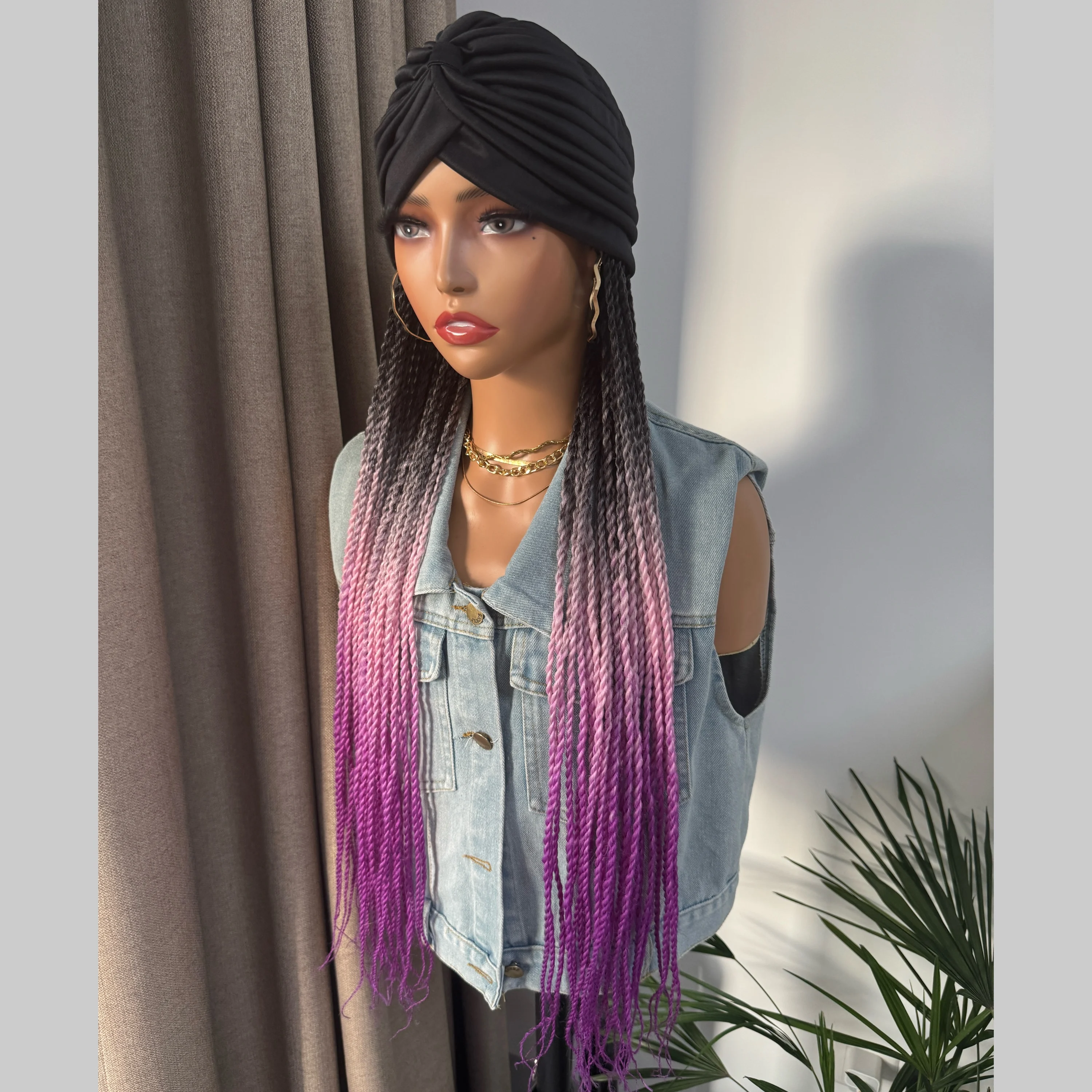 Long Ombre Fantasy Senegalese Twist 24Inch Braided Synthetic Wig With Headband Turban Braiding Hair Extensions For Women