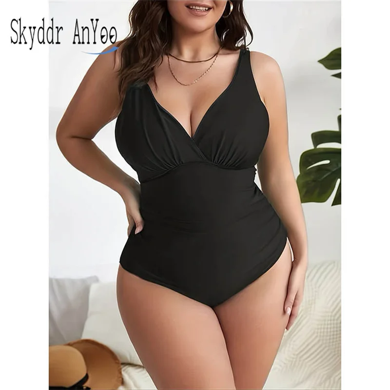 

One Piece Women's Swimsuit 2025 Female Trend Plus Size Bathing Suit Tummy Control Solid V-neck Sexy Swimwear