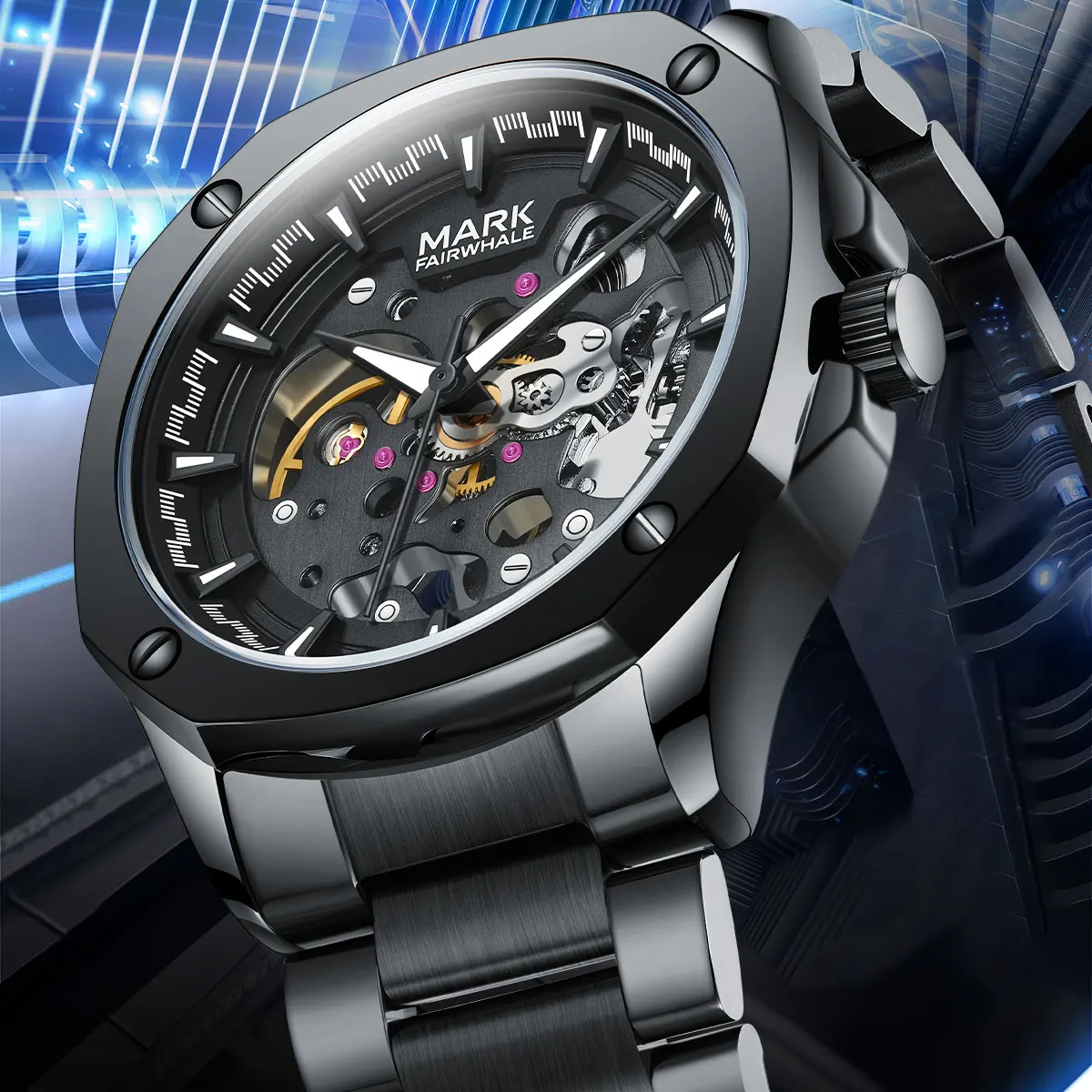 

Mark Fairwhale Fashion Crater Design Skeleton Dial Men's Automatic Watch Luminous Waterproof Tourbillon Watches for man