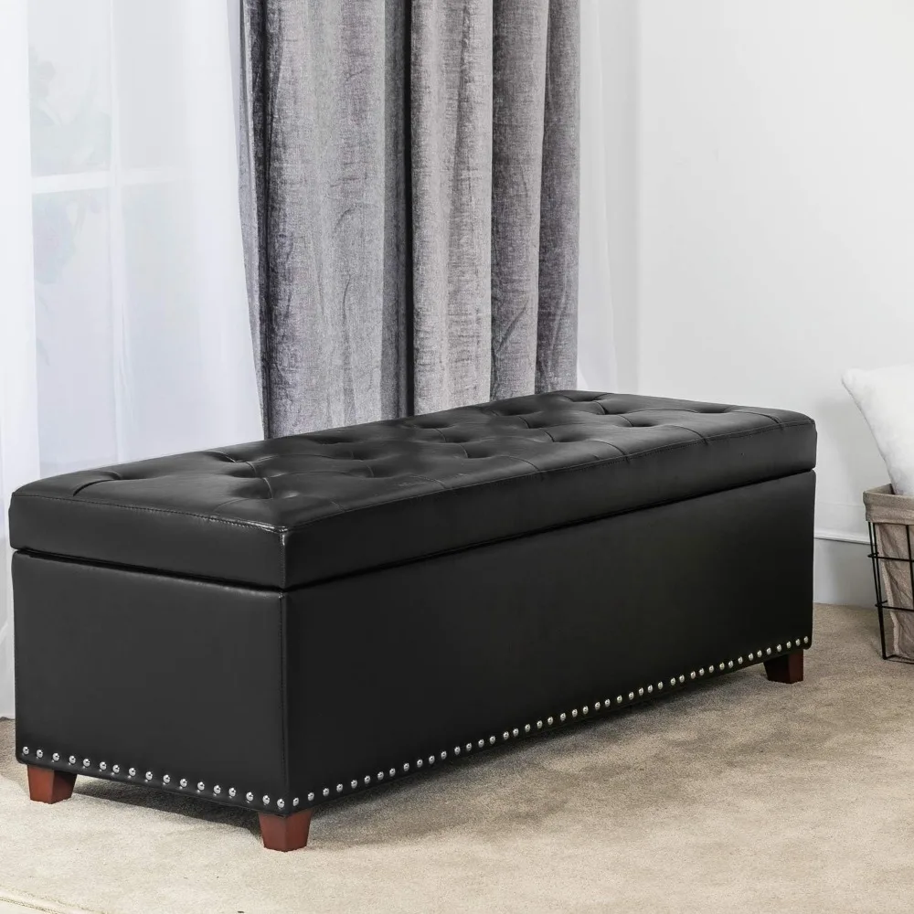 مقعد عثماني من الجلد معنقدة مقاس 47 بوصة مع مساحة تخزين وحواف رأس الأظافر لغرفة النوم باللون الأسود