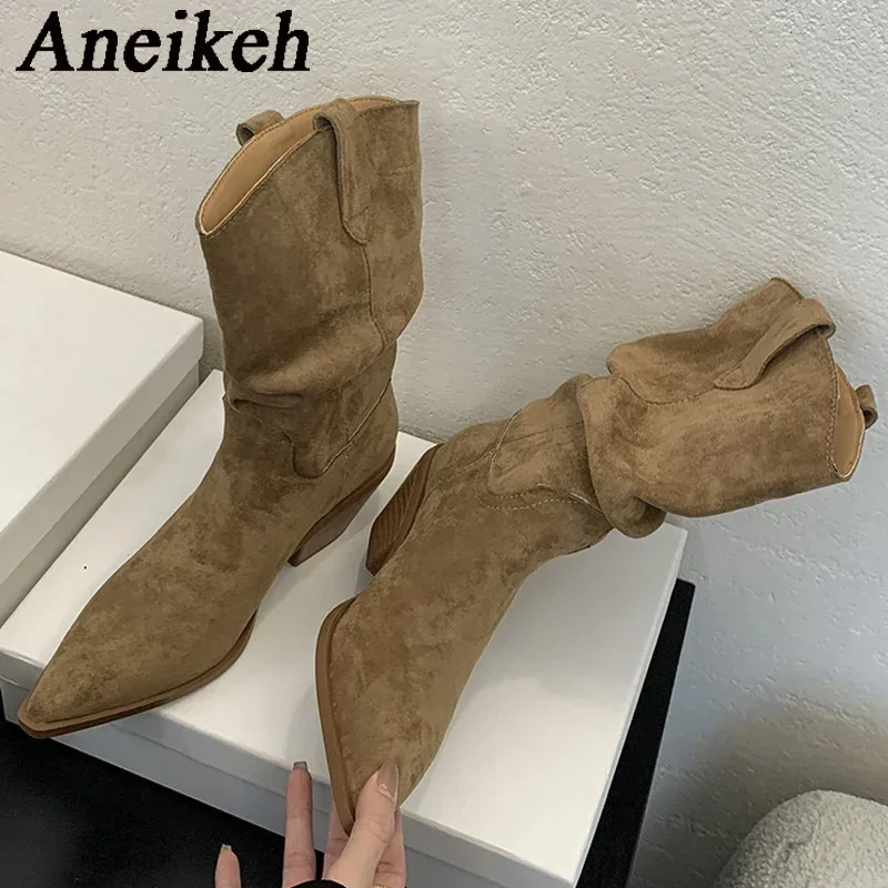 

Aneikeh, осенне-зимние модные женские ботильоны в уличном стиле с острым носком, обувь на низком каблуке, обувь без шнуровки Chelsea Botas Para Mujer