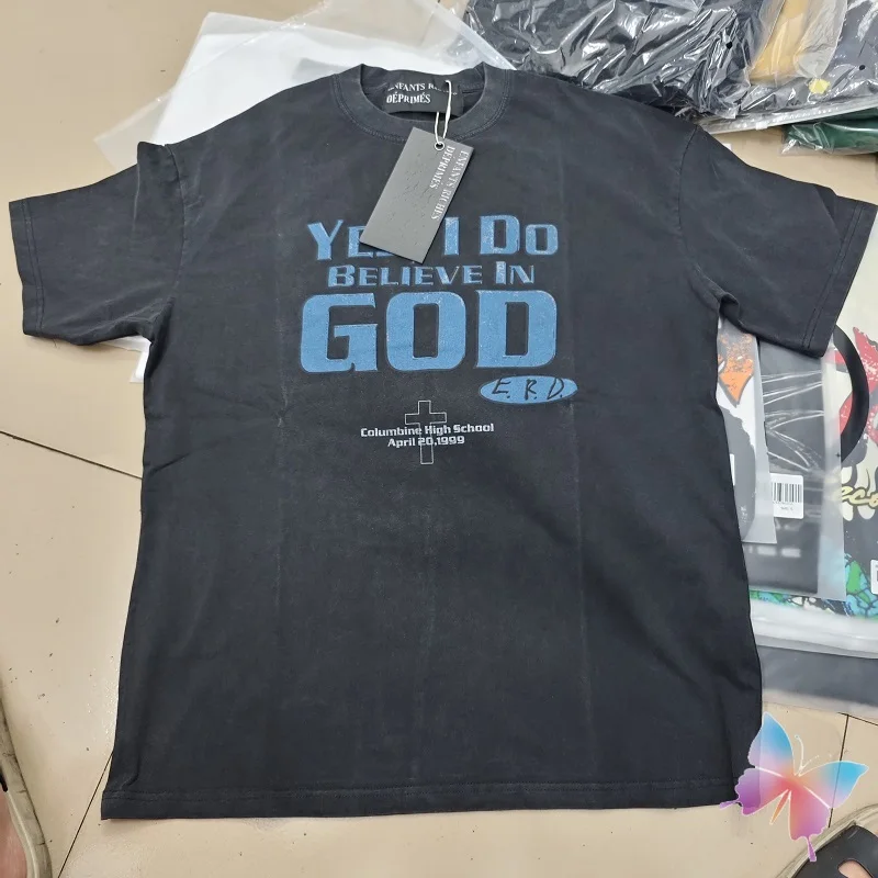 

Real Photos Vinatge Street ERD T-shirts Yes I Believe God Washed Blue Letter Print Cotton Loose Men Women Short Sleeve Tees