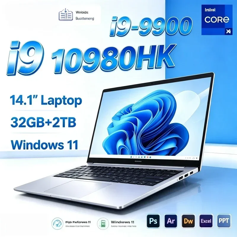 14.1 '' Laptop Intel Core I9-10980HK /9900 Notebook 32GB RAM NVMe SSD 1TB/2TB 1080P Display Windows 11 Business Travel Laptop